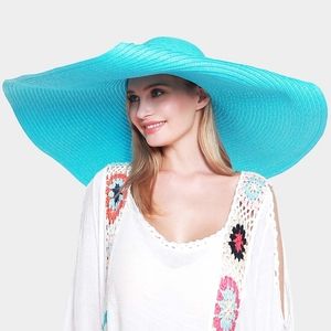 Blue Straw Sun Hat Brim Large Casual Womens Beach Vacation Fashion Accessory